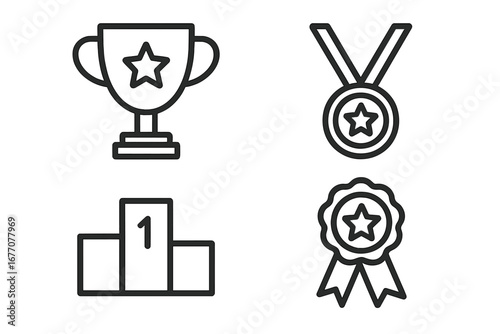 Award and victory line icon set. Winner trophy cup, first place medal, champion podium, and prize ribbon symbols. Simple vector illustration for competition success concept.