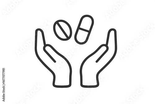 Hands holding pills outline icon. Medical care, pharmacy, and health concept. Vector illustration of giving medicine, drugs, vitamins, supplements, tablets, and capsules.
