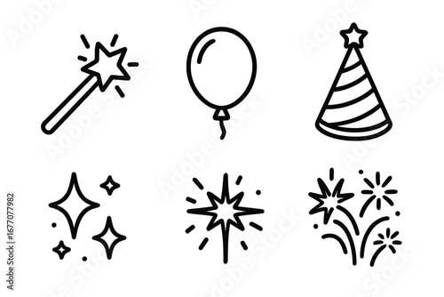 Celebration and party line icon set. Collection of simple outline icons like magic wand, balloon, party hat, sparkle, firework, and star. Perfect for birthday designs.