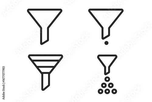 Sales funnel icon set. Marketing conversion process, data filtering, and lead generation symbol. Linear vector graphic for business infographic, web design, and presentations.