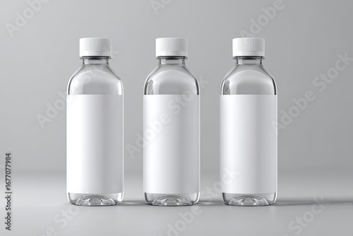 Three clear plastic water bottles with white labels, arranged in a row against a light gray background