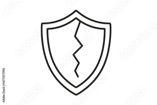 Cracked shield icon. Broken security symbol. Concept of vulnerability, risk, data breach, and danger. Unsafe, unprotected, and insecure sign. Vector line art for web and apps.