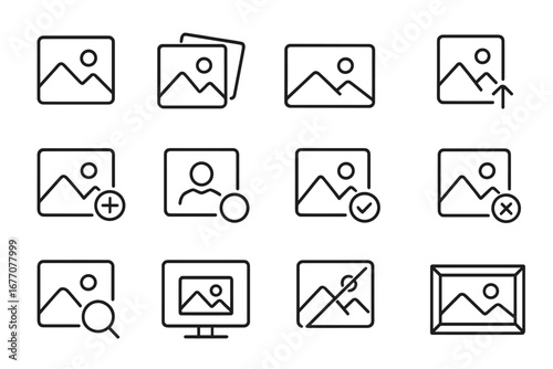 Image and photo line icon set. Picture gallery, upload, add, and search symbols. Vector outline pictograms for UI, UX, web design, and mobile app interface elements.