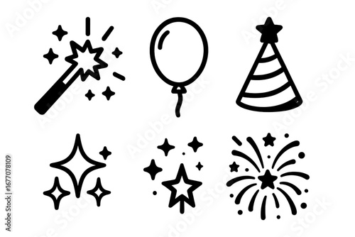 Celebration party icon set. Vector line art icons of magic wand, balloon, holiday hat, sparkling stars, fireworks. Hand drawn doodle style for cards, posts, apps, and web.