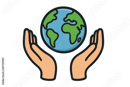 Hands holding planet Earth. Save the planet concept. Earth Day illustration. Environmental protection, conservation, and ecology symbol. Care for the world, global icon.