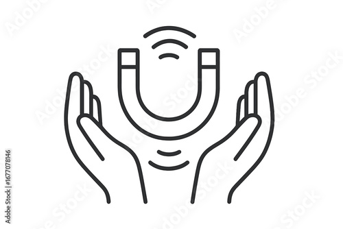 Magnet in hands line icon. Metaphor for customer attraction, lead generation, inbound marketing. Influence, engagement, retention concept. Law of attraction, charisma, pull symbol.