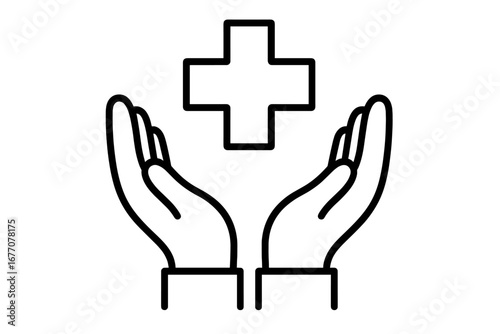 Medical cross in hands line icon. Healthcare, medicine, and charity concept. Health insurance, protection, and support symbol. First aid, hospital, or clinic logo vector.