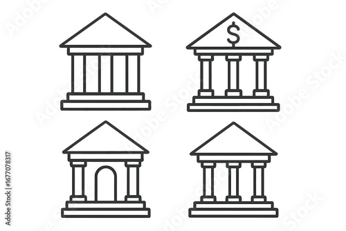 Bank building icon set. Line art collection of finance, government, and courthouse symbols. Vector illustration with editable stroke for web, ui, ux, and infographics.
