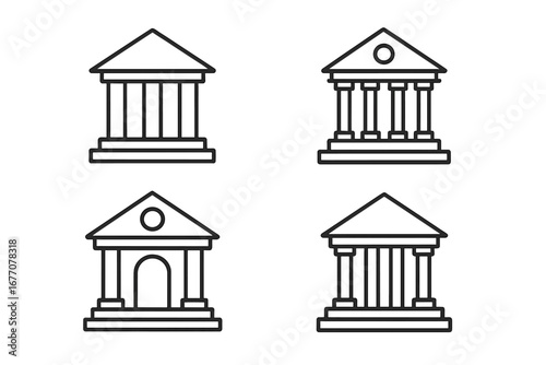 Bank building line icon set. Finance and government pictogram collection. Courthouse, university, museum ancient architecture outline symbol pack. Editable stroke vector illustration.