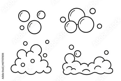 Bubble and foam line art vector icon set. Soap suds, lather, and fizzy pop illustration. Concept for washing, cleaning, cosmetics, carbonated drinks, and underwater scenes.