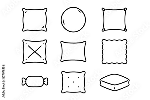 Pillow and cushion outline icon collection. Vector set of different pillow shapes for bed and sofa. Linear pictograms for sleep, comfort, rest and home decor concepts. Editable stroke.