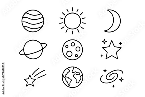 Collection of cosmos related line icons. Planet, sun, moon, earth, saturn, star, galaxy and comet outline signs. Vector cartoon illustration for web design and graphic apps.