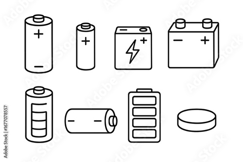 Battery icon collection in outline style. Set of various power sources like car accumulator, alkaline, and phone batteries. Vector illustration with editable stroke for energy.
