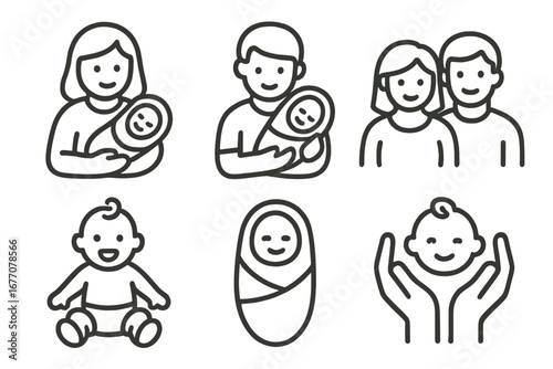 Family and parenthood line icon set. Mother, father, and baby care symbols. Newborn, infant, child pictogram. Man and woman holding a child. Modern outline vector design.