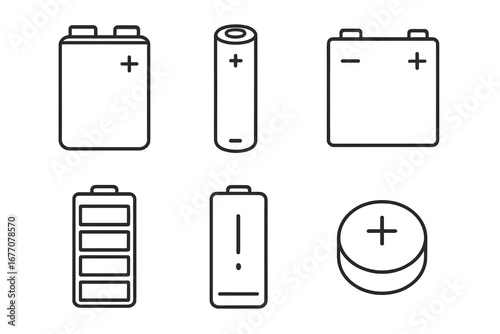 Battery icon collection, vector outline style. Various accumulator and power source types. Car battery, cylinder cell, charge level indicator, plus and minus signs. Editable stroke.