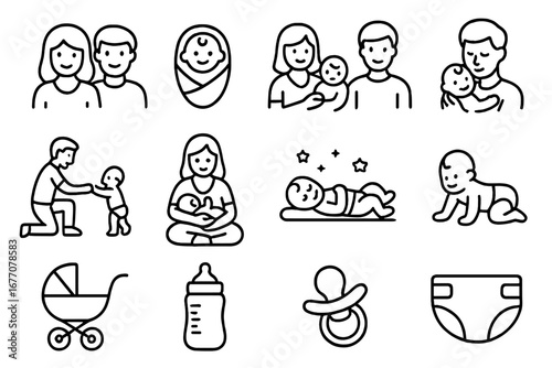 Family, baby, infant, and parenthood line icon set. Vector outline signs for childcare, maternity, and newborn care. Includes mother, father, toddler, stroller, and bottle.