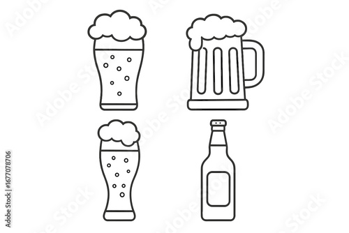 Beer line icon set. Collection of outline icons for pub, bar, brewery. Vector symbols of beer bottle, glass, mug, pint, stein. Alcohol, beverage, drink concept illustration.