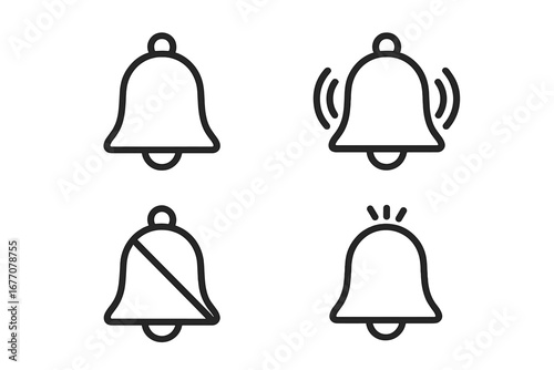 Notification bell icon set. Ringing, silent, new alert and muted bells. Simple line symbol for web and mobile app user interface design. Editable stroke vector illustration.