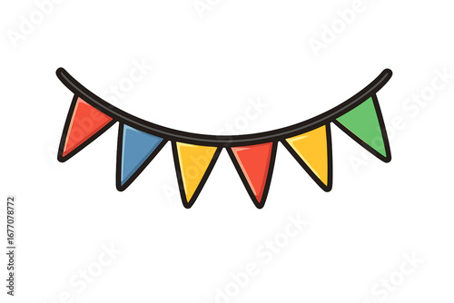 Party garland with colorful flags. Festive bunting for celebration, birthday, carnival decoration. Vector icon illustration. Holiday pennant banner graphic design element.