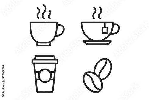Coffee and tea line icon set. Hot drinks, beverages. Vector symbols for cafe menu. Cup, mug, teacup with saucer, teabag, takeaway paper cup, coffee beans. Isolated outline pictograms.