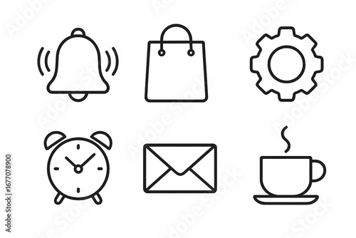 Universal thin line icon set for web and mobile. Vector symbols collection. Notification bell, shopping bag, settings gear, alarm clock, email message, coffee cup icons.