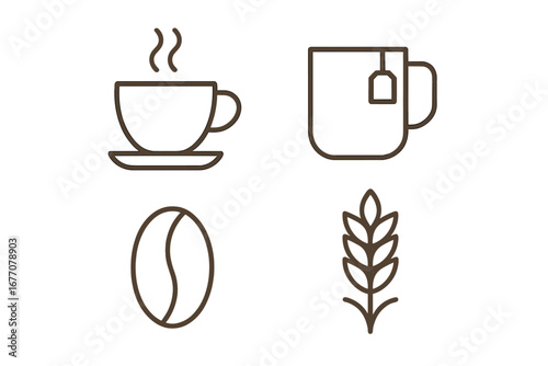 Coffee and tea line icon set. Vector symbols for cafe menu, drinks, coffee bean, and grain. Minimalist outline pictogram collection for web, interface, and infographics.