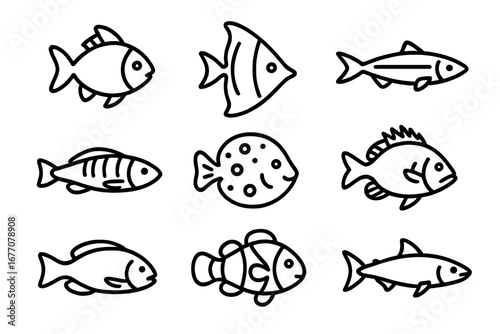 Fish icon set in modern outline style. Collection of various sea and ocean animals. Vector cartoon illustration of aquatic life for design, apps, logo, web, or seafood menu.