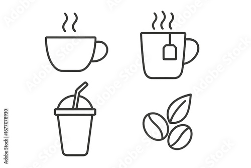 Coffee and tea line icon set. Vector symbols for cafe menu, coffee shop. Hot drink, coffee cup, teacup, iced beverage, beans. Simple thin line outline pictogram for web, app, logo.