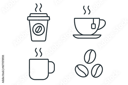 Coffee and tea line icon set. Hot drink symbols. Takeaway paper cup, mug, teacup with saucer and coffee beans. Vector outline pictogram for cafe menu, web, app, infographic.