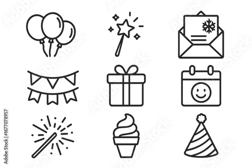 Party and celebration line icon set for holidays like Christmas and birthdays. Vector symbols of gift, balloon, sparkler, party hat, calendar, and greeting card. Editable stroke.