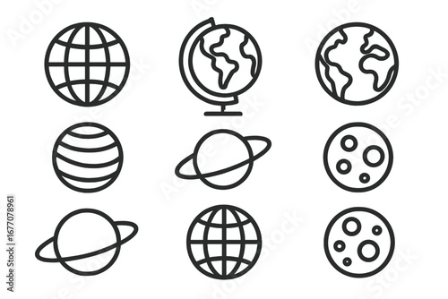 Globe and planet line icon collection. Outline signs for graphic and web design, apps. Earth, moon with craters, Saturn vector icons. World, space, astronomy symbol set.