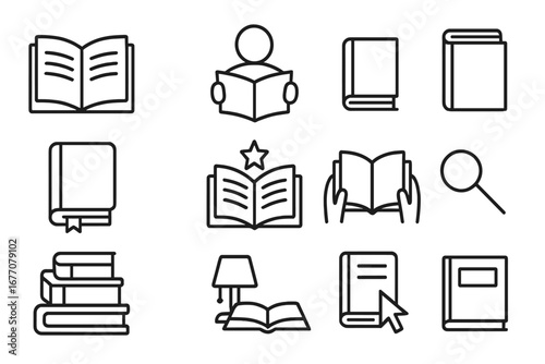 Book and reading line icon collection. Editable stroke vector illustration set. Symbols for library, education, literature, learning, bookstore, ebook, study, knowledge concept.
