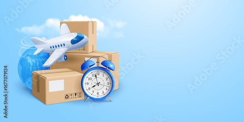 Fast delivery, express delivery, airmail conceptual banner template. Cardboard boxes with blue alarm clock, flying plane and copy space. Transport logistics concept. 3d realistic vector illustration