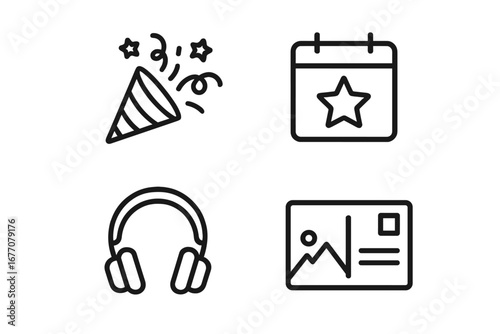 Party and entertainment line icon set. Celebration, holiday, event, music and travel concept. Popper, calendar, headphones, postcard pictogram. Editable stroke vector graphics.
