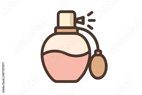 Vintage perfume bottle with atomizer pump. Retro fragrance flacon line icon. Vector illustration. Beauty, cosmetic, glamour symbol. Elegant scent spray for fashion, and spa.
