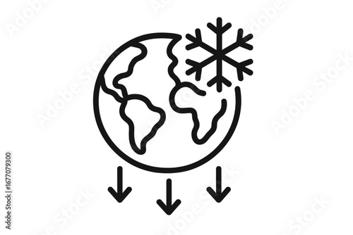 Global cooling line icon. Concept of ice age, climate change, planet freezing. Earth globe with snowflake and arrows down. Vector symbol for environment, ecology, weather.