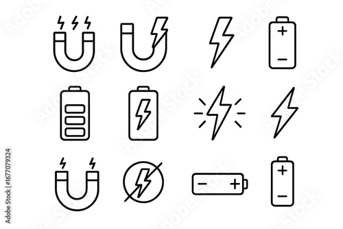 Energy and power line icon set. Magnet, battery charge level, and lightning bolt symbols. Electricity and voltage signs for web and app design. Vector graphic element pack.