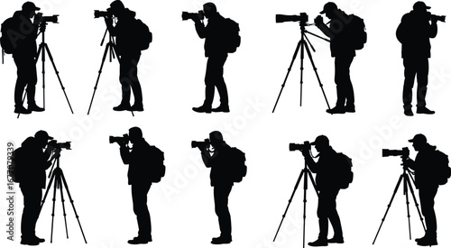 Professional photographer silhouettes, camera with tripod, outdoor photography, photo shoot session, nature photographer, photo equipment, photojournalism, photographer at work, creative photography