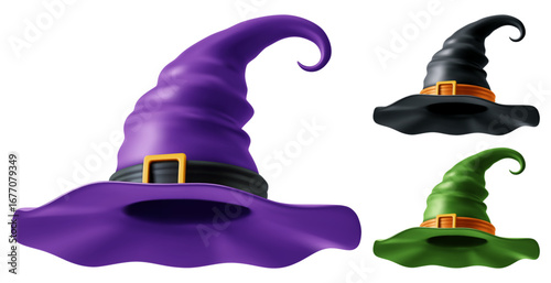 Halloween witch hat or wizard headwear. Holiday decoration, Halloween costume accessory, wrinkled hat. Various colors of hat in the set. 3d isolated vector illustration
