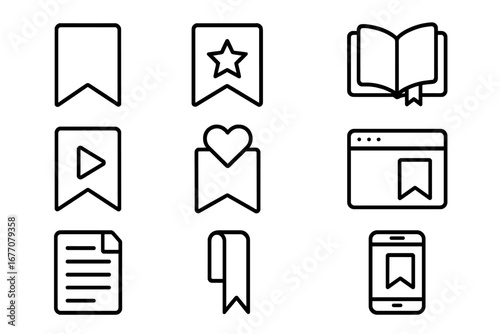 Bookmark line icon set. Save for later, favorite, and reading symbols. Web and mobile app UI UX vector outline pictogram collection with editable stroke for interface design.