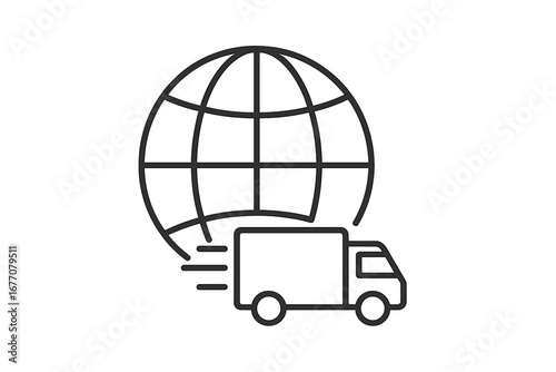 Worldwide shipping and global delivery service icon. Fast truck for international logistics and freight transport. E-commerce distribution and cargo moving concept vector symbol.
