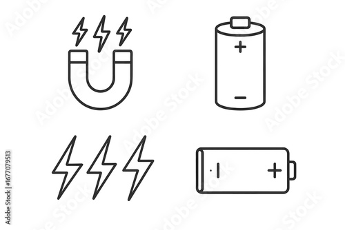 Electricity power thin line icon set. Magnet, battery, lightning bolt signs. Vector energy, charge, voltage symbols. Outline pictogram collection for web, mobile apps, UI, UX.
