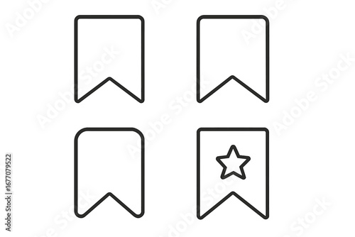 Bookmark vector icon set. Save for later symbol collection. Favorite button with star sign. Web and application UI UX interface element. Reading marker, tag for books. Outline.