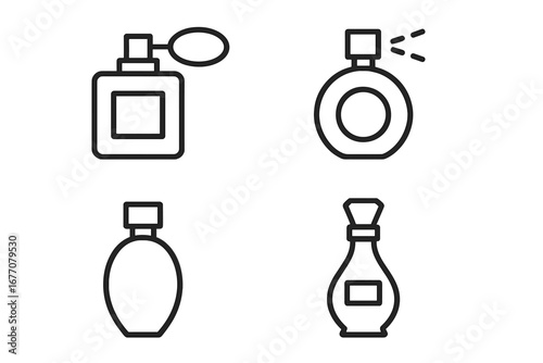 Perfume bottle line icon set. Fragrance spray and atomizer symbol. Cosmetic beauty product. Vector outline illustration. Scent, glamour, aroma, fashion, luxury object.