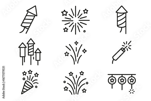 Firework celebration icon set with holiday pyrotechnics. Vector line art of rockets, firecrackers, sparklers, and festive bursts for New Year's Eve or the 4th of July party.
