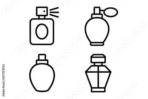 Perfume bottle icon set. Line art collection of fragrance and cosmetic symbols. Vector illustration of spray, atomizer, and scent bottles for beauty and fashion concepts.