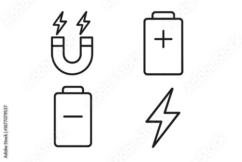 Power and energy thin line vector icon set. Magnet with magnetic field, battery with plus and minus charge symbols, and lightning bolt. Outline signs for electricity concept.