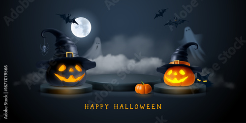 Happy Halloween greeting card, banner with black podium. 3d pumpkins with witch hat and glowing face. Ghosts, bats, mystical moon and fog made a creepy vibes of Halloween night. Vector illustration