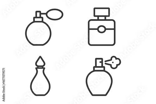 Perfume line icon set. Fragrance bottle collection with atomizer and spray. Elegant cosmetic beauty product symbol. Vector graphic for logo, web, app. Isolated outline.
