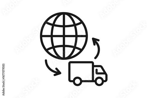 Global delivery icon for international shipping and worldwide logistics. E-commerce transport, freight truck, and cargo distribution concept. Supply chain vector symbol illustration.